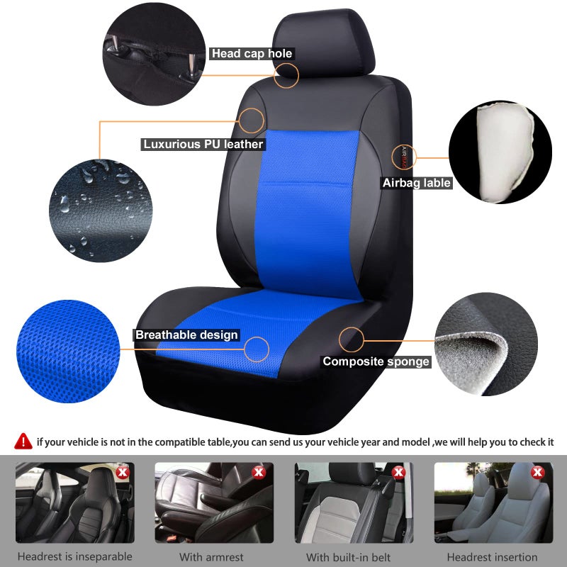 CAR PASS Luxurious Faux PU Leather Universal Seat Covers Set, Car Seat Cover Full Set Fit for Vehicles Sedan SUVs Trucks with Super 5mm Composite Sponge Inside, Airbag Compatible (Black and Blue) - Image 3